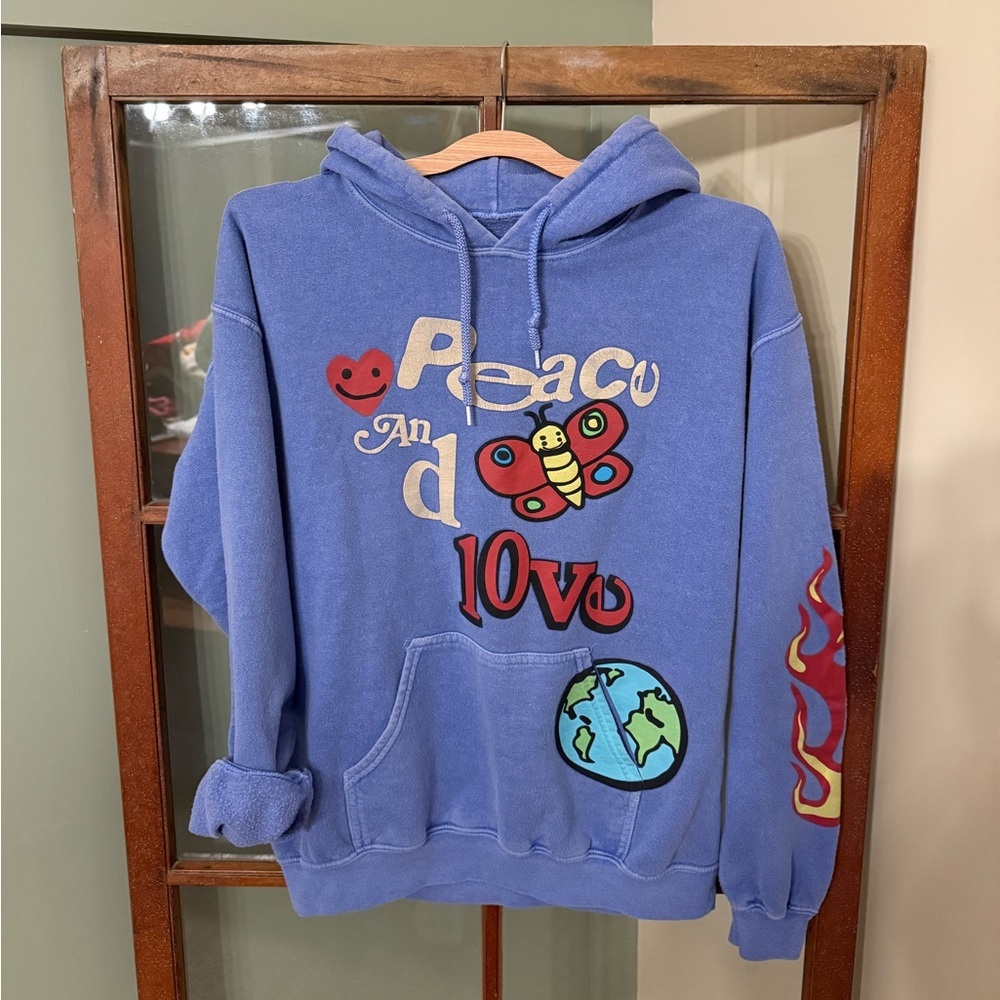 PacSun Blue Peace & Love Cartoon Graphic Retro Fleece Hoodie Size Small